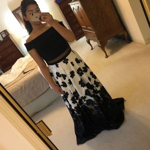 Off Shoulder Black and White Floral Prom Dress